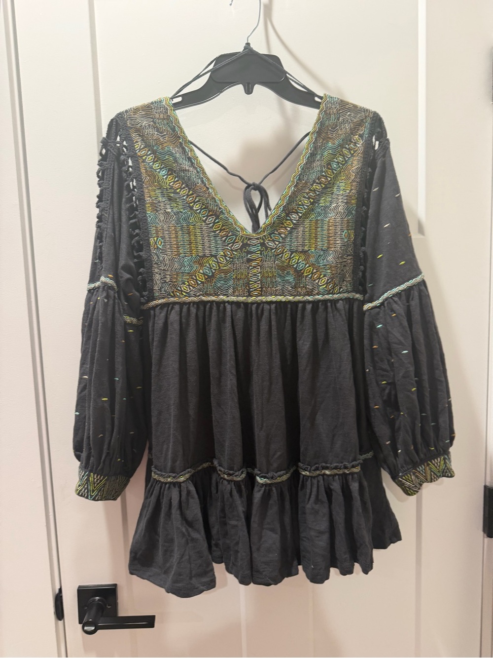Free People Black Peasant Dress with Green and Gold Embroidery